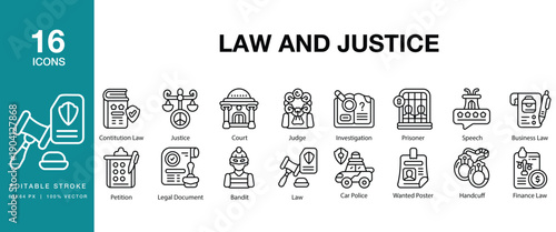 Law And Justice icon set. Includes law, justice, legal, court, judge, attorney, lawyer and More. Editable Stroke Icon Collection.
