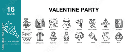 Valentine Party icon set. Includes valentine, party, celebration, romance, love, couple and More. Editable Stroke Icon Collection.