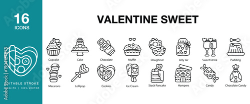 Valentine Sweet icon set. Includes valentine, sweet, candy, chocolate, dessert, sugar and More. Editable Stroke Icon Collection.