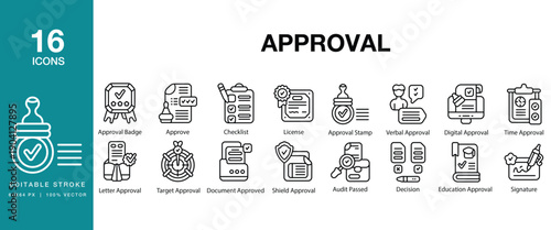 Approval icon set. Includes approval, agreement, confirmation, checkmark, verification and More. Editable Stroke Icon Collection.