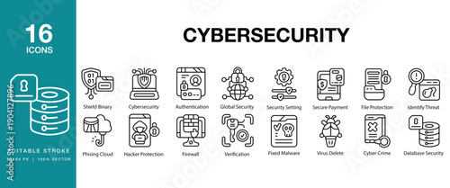 Cybersecurity icon set. Includes cybersecurity, security, firewall, encryption, malware and More. Editable Stroke Icon Collection.