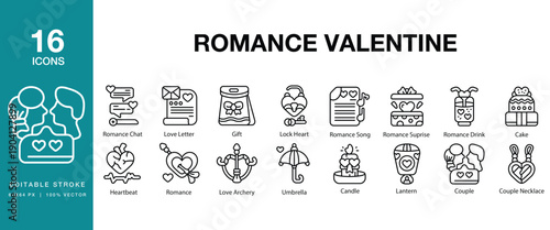Romance Valentine icon set. Includes romance, valentine, love, romantic, couple, heart and More. Editable Stroke Icon Collection.