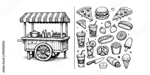 A vintage food cart sketch with various hand drawn food and drink items
