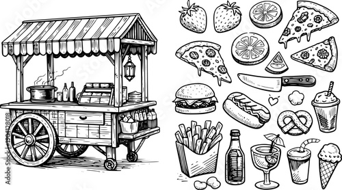 A vintage food cart sketch with various hand drawn food and drink items
