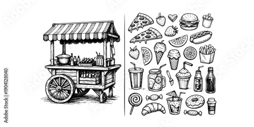 A vintage food cart sketch with various hand drawn food and drink items
