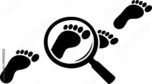 Detective investigation icon with magnifying glass over a footprint. Concept for evidence search, crime scene analysis, forensic science, tracking, and discovery of clues.