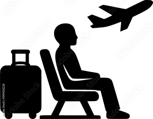 Traveler sitting in airport lounge waiting for flight. Passenger with luggage at terminal. Travel, vacation & tourism concept. Man on a journey. Vector icon sign silhouette. 