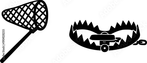 Trap and net icon set. Catching, hunting, and fishing tool. Metaphor for risk, danger, addiction, and capture. Business trap, bait, snare, phishing, and mistake concept. 