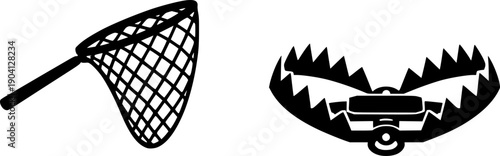 Trap and net icon set. Catching, hunting, and fishing tool. Metaphor for risk, danger, addiction, and capture. Business trap, bait, snare, phishing, and mistake concept. 