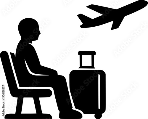 Traveler sitting in airport lounge waiting for flight. Passenger with luggage at terminal. Travel, vacation & tourism concept. Man on a journey. Vector icon sign silhouette. 
