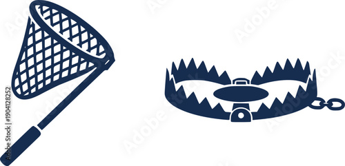Trap and net icon set. Catching, hunting, and fishing tool. Metaphor for risk, danger, addiction, and capture. Business trap, bait, snare, phishing, and mistake concept. 