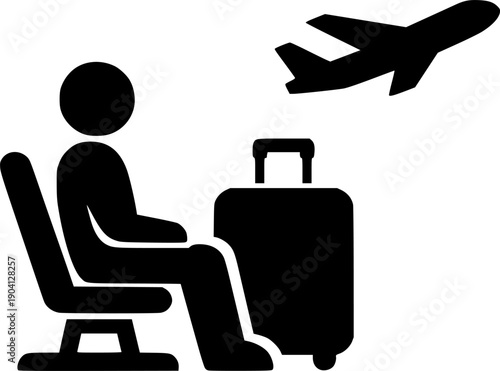 Traveler sitting in airport lounge waiting for flight. Passenger with luggage at terminal. Travel, vacation & tourism concept. Man on a journey. Vector icon sign silhouette. 