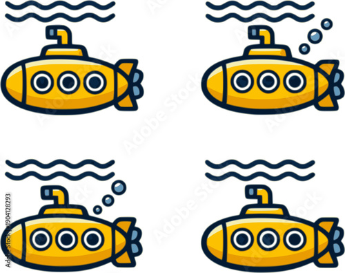 Yellow submarine vector icon set. Cartoon sub diving under the ocean waves. Nautical marine boat ship collection. Underwater travel exploration concept. Simple flat illustration. 