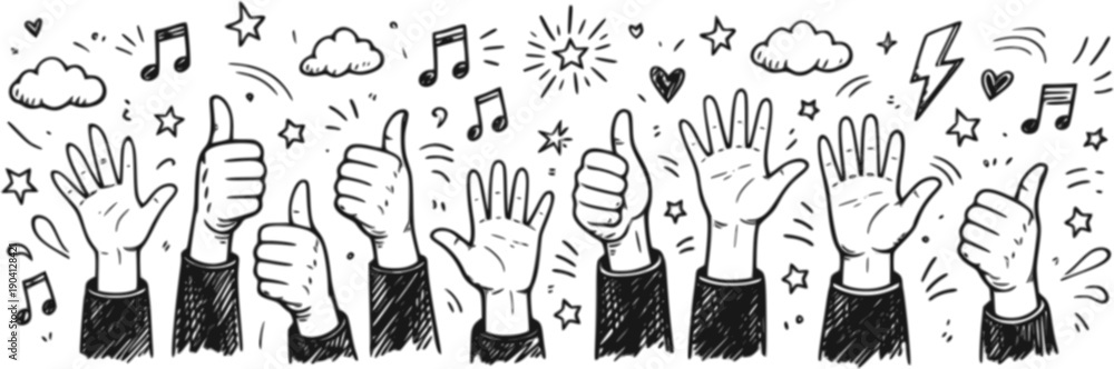 Fototapeta premium Celebration doodles hands musical notes stars and positive symbols in black and white 