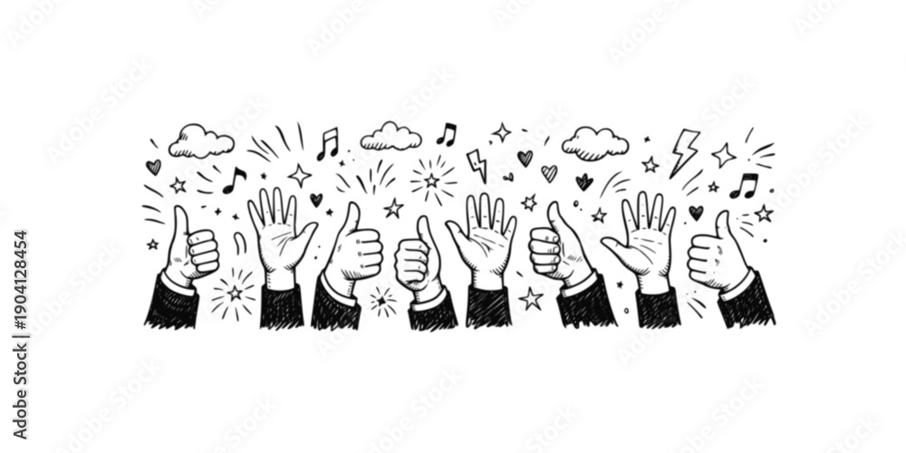 Obraz premium Celebration doodles hands musical notes stars and positive symbols in black and white