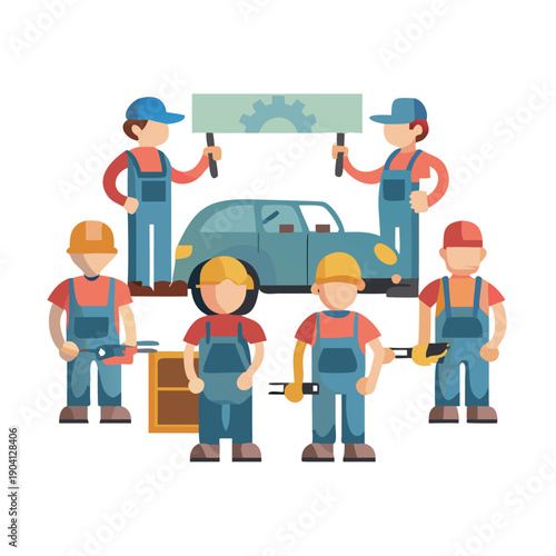 Six cartoon mechanics in overalls performing vehicle maintenance tasks
