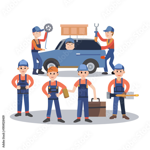 Six cartoon mechanics in overalls performing vehicle maintenance tasks
