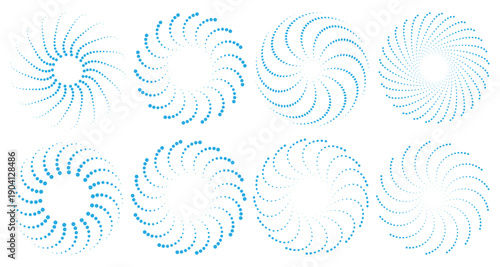 Abstract Blue Dotted Spiral Swirl Set Circular Halftone Wave Design Elements, Geometric Vector Frames Isolated on White Background 