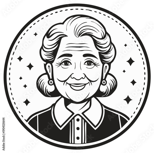 Smiling elderly woman in a round frame with stars, cartoon style.