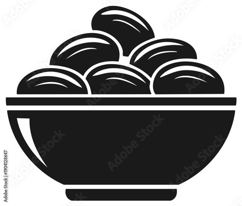 Simple illustration of a bowl filled with oval-shaped dark dried fruits