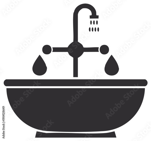 Bathtub with running water faucet and dripping water drops simple flat vector illustration icon