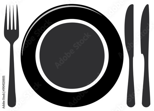Elegant black plate fork and two knives dining table setting graphic
