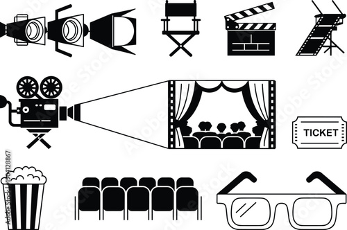 Cinema movie equipment icons illustration film camera projector ticket popcorn glasses theater director chair isolated vector entertainment media set