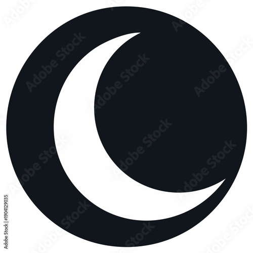 Black crescent moon graphic illustration; minimalist, modern design