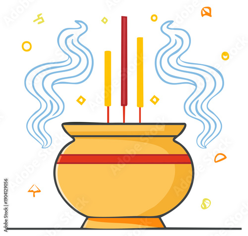 Traditional incense sticks burning in an oriental pot with calming smoke