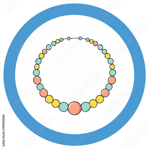 Delicate beaded necklace in blue circle, featuring pastel colored round gemstones with a large center peach pearl