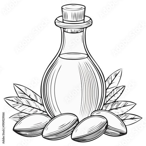 Glass bottle of almond oil with almonds and leaves vintage sketch style