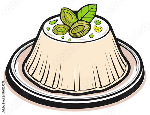 Delicate Panna Cotta Dessert Topped with Pistachios and Mint Leaves on a Saucer