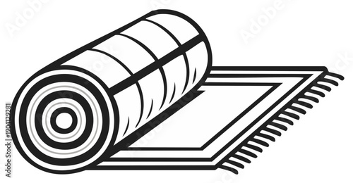 Rolled Up Prayer Mat Illustration, Black and White Graphic Design Element, Religious Practices and Traditions