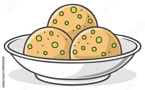 Three Sweet Dumplings with Green Chips in White Bowl Cartoon Illustration