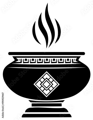 Stylized black urn with decorative geometric patterns and rising flame icon