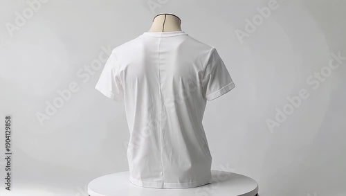 Smooth rotating display white t-shirt on mannequin revolving on pedestal bright studio background clean garment presentation