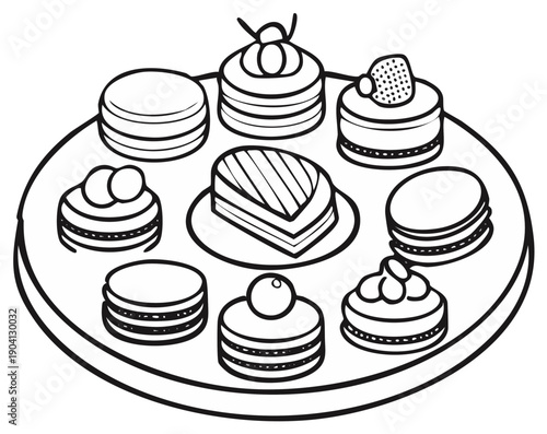 Assortment of elegant pastries and cakes arranged on a round platter illustration