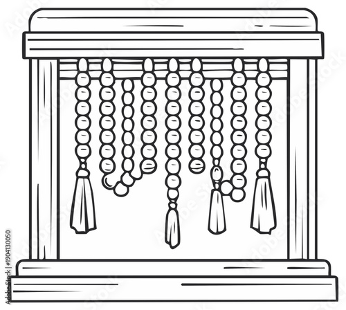 Wooden Frame Displaying Multiple Strands of Prayer Beads with Tassels