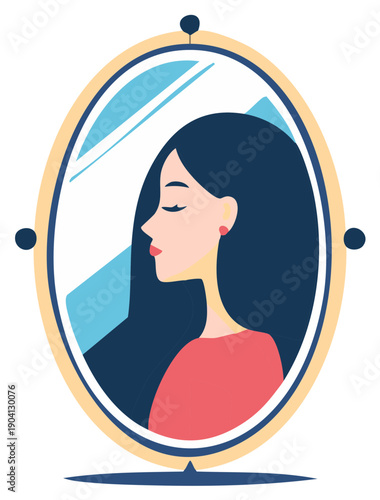 Stylized oval mirror reflects a woman with dark flowing hair, dressed in a casual top, and adorned with simple earrings.