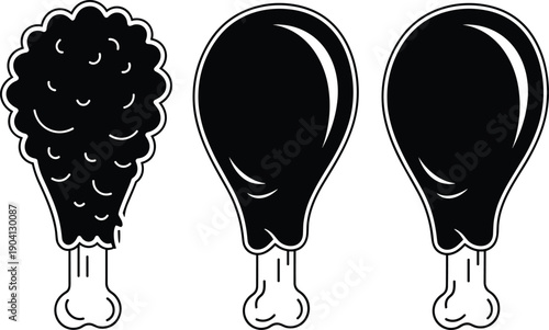 Chicken drumstick icon set illustration, fried roasted meat food symbols, poultry legs silhouettes, fast food graphics, black vector design