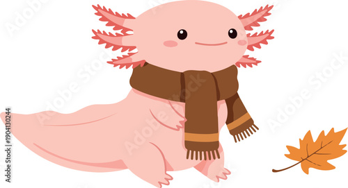 Cute Pink Axolotl Character Wearing Scarf With Autumn Leaf