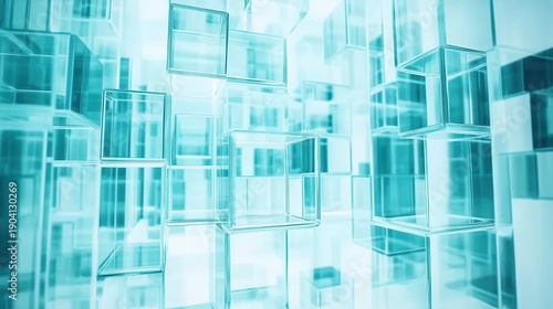 A symmetrical arrangement of transparent geometric glass cubes and rectangular prisms forms a modern abstract background with cool blue light and reflections