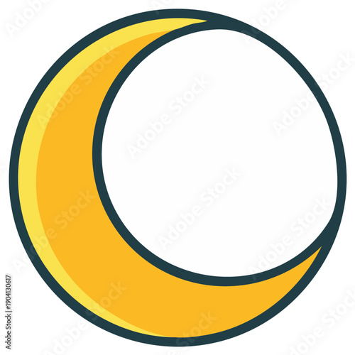 Crescent moon cartoon style illustration. Yellow and gold celestial body symbol, night sky