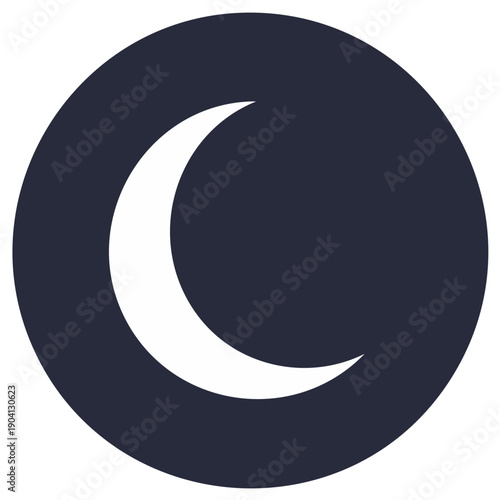 Crescent moon icon in a dark blue circle representing nighttime or sleep, graphic symbol