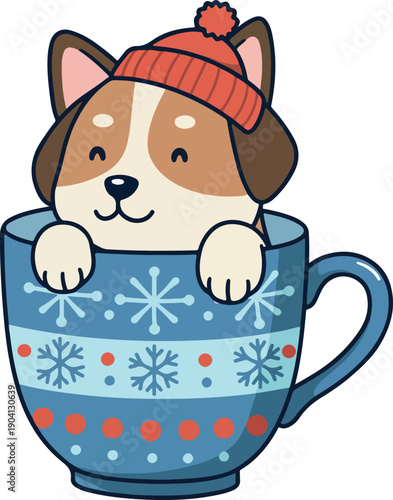 Cute Pixel Art Corgi Dog in Blue Snowflake Mug Wearing Red Beanie