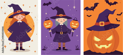 Cute Pixel Art Witches Holding Jack O Lanterns With Bats And Moon