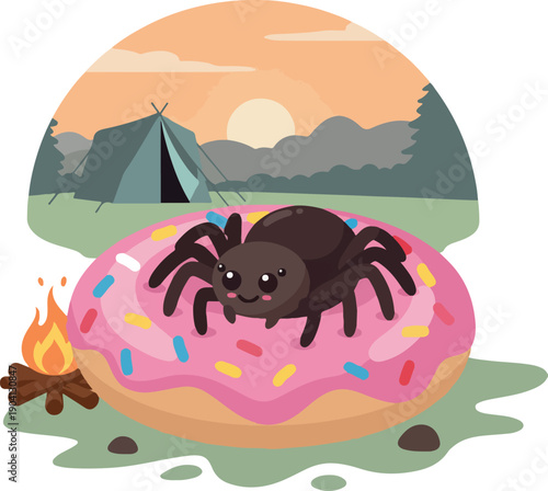 Cute Spider on Pink Donut Camping Adventure with Campfire Sunset