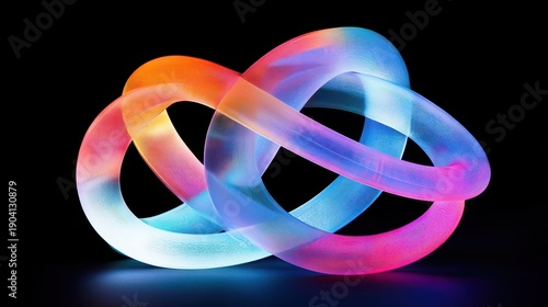 Abstract transparent glass sculpture with interlocking luminous curves in vibrant gradient colors