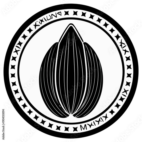 Elegant stylized almond or seed symbol with intricate geometric border and Roman numerals for branding or emblem design