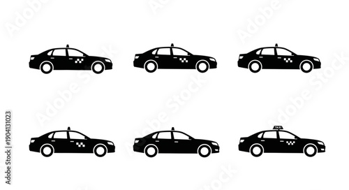 Set of black taxi cabs on a white background.